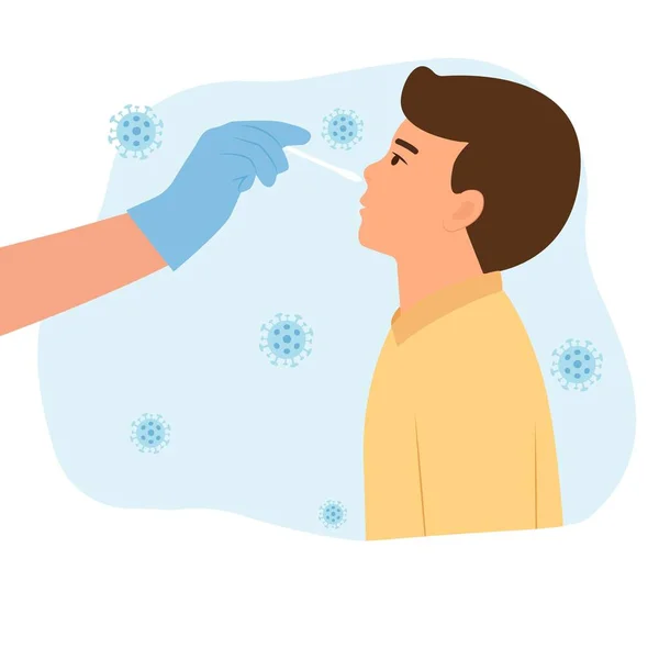 接受医护人员 医生或护士的体外循环或Dna检测的男孩 Pcr检测 流感病毒检测 鼻拭子实验室流感检测诊断 平面矢量图解 — 图库矢量图片