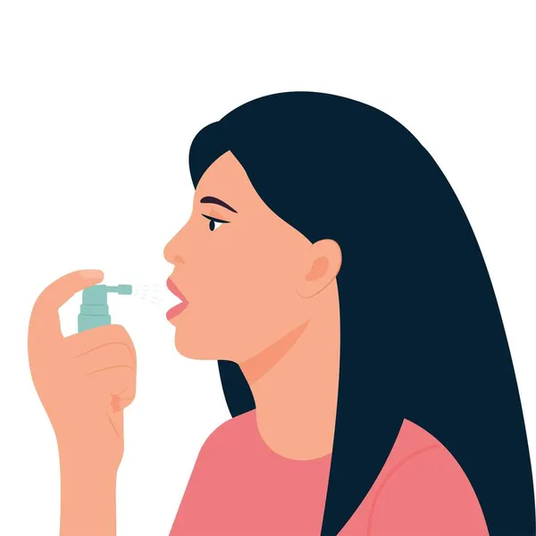 Kadın Nefes Tazeleyici Kullanıyor Boğaz Enfeksiyonu Tedavisi Için Ağız Spreyi — Stok Vektör