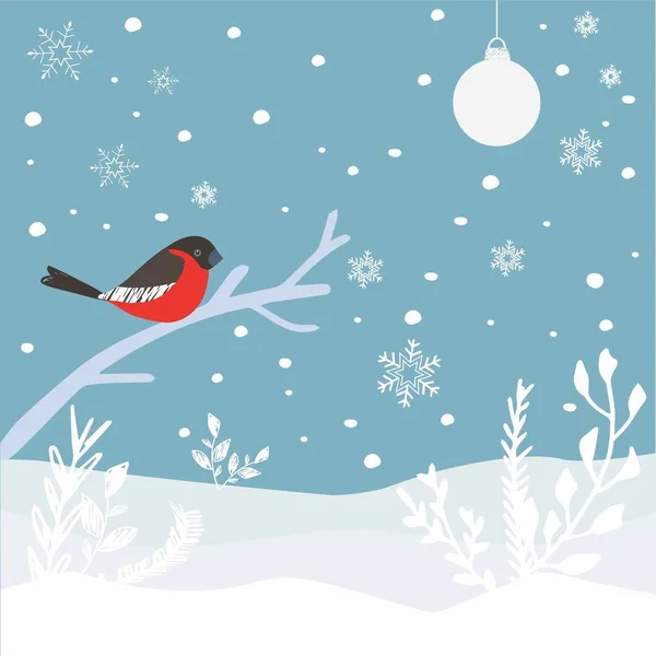 Happy New Year Hand Drown Winter Illustration Snow Snowflake Bullfinch — Stock Vector