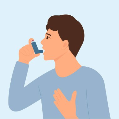Astım tedavisi. Astım spreyi alerjik adama iyi gelir. Dünya astım günü. Alerji, astım. Solunum ilacı. Düz vektör çizimi konsepti. Bronşiyal astım.