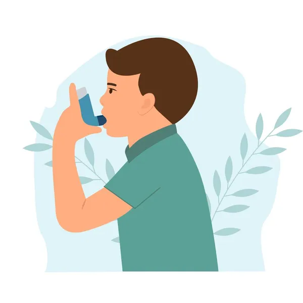 小男孩用哮喘吸入器抵抗攻击 世界哮喘日 支气管哮喘患儿 病媒说明 — 图库矢量图片