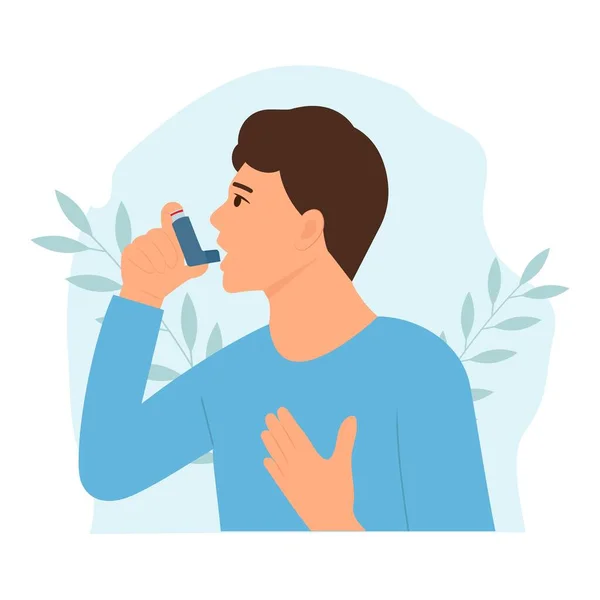 Asztmás Inhalátort Használ Támadás Ellen Asztma Világnapja Allergia Bronchiális Asztma — Stock Vector