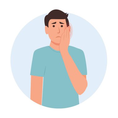 Adamın diş ağrısı ya da kulak ağrısı var. Viral bir hastalığın belirtileri. Solunum hastalığı, virüsü önleme. İzole edilmiş. Çizgi film tarzında vektör illüstrasyonu. Sağlık ve İlaç.