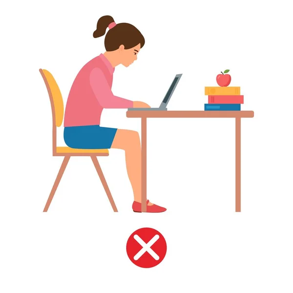 Duruş Bozukluğu Olan Çocuk Dizüstü Bilgisayarda Oturan Kız Ergonomik Koltuk — Stok Vektör