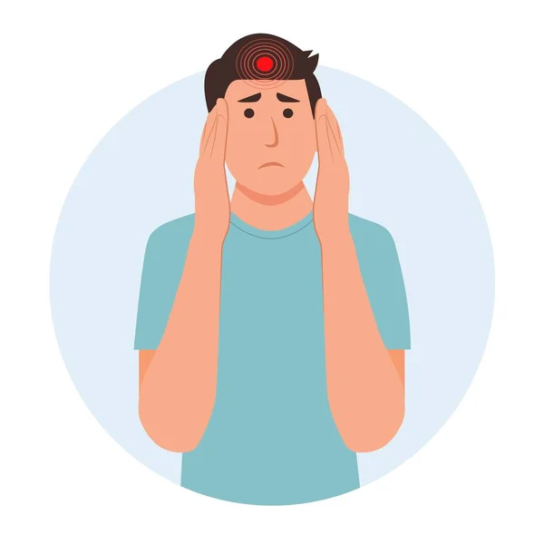 頭痛と片頭痛を持っている男 ウイルス性疾患の症状 呼吸器疾患 ウイルス予防 フラット漫画スタイルのベクトルイラスト — ストックベクタ