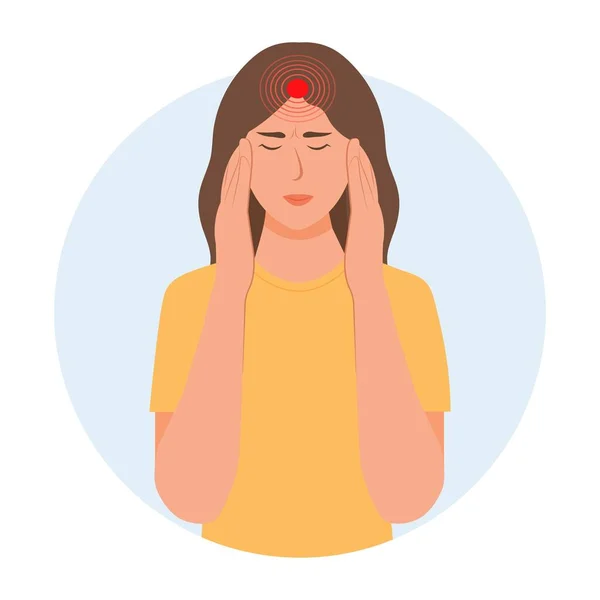頭痛と片頭痛を持つ女性 ウイルス性疾患の症状 呼吸器疾患 ウイルス予防 フラット漫画スタイルのベクトルイラスト — ストックベクタ