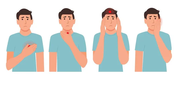 身体のさまざまな部分で痛みを持つ文字の男性のセット 喉の痛み 頭痛の種 片頭痛の種 耳痛フラットスタイルベクトルイラスト — ストックベクタ