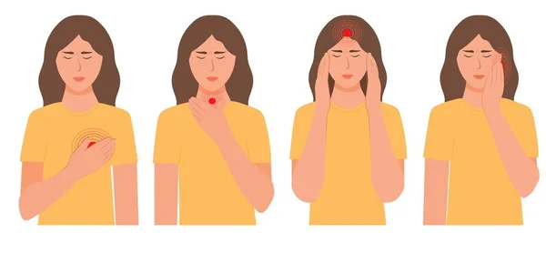 体のさまざまな部分で痛みを持つ文字の女性のセット 喉の痛み 頭痛の種 片頭痛の種 耳痛フラットスタイルベクトルイラスト — ストックベクタ