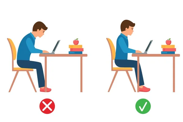 Doğru ve yanlış duruş. Çocuk dizüstü bilgisayarda oturuyor. Ergonomik koltuk bilgisayarı doğru ve yanlış vücut pozisyonu. Sağlıklı sırt. Vektör illüstrasyonu