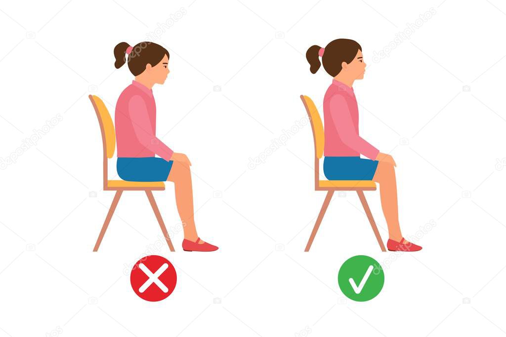 Correct sitting position. Medical infographics with a child's spine sitting wrong and  good on a chair. Vector illustration isolated