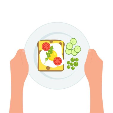 Hands holding plate  with  eggs, sandwich, tomatoes, cucumbers, arugula on a plate for breakfast or lunch. Healthy food. Vector illustration isolated on a white background