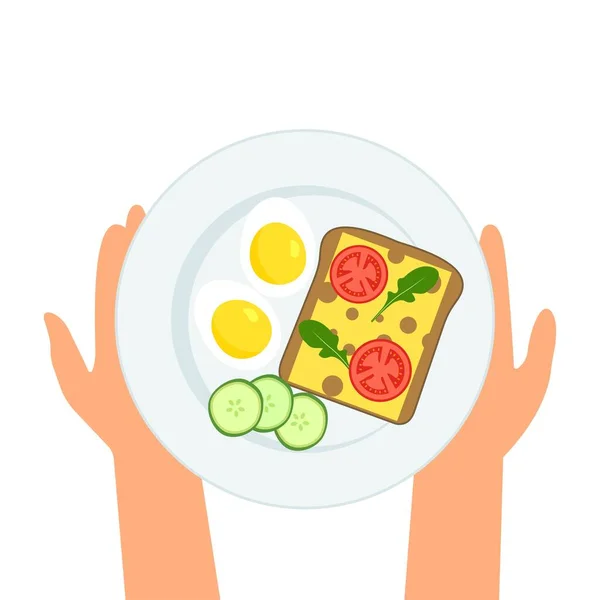 Hands Holding Plate Eggs Sandwich Tomatoes Cucumbers Arugula Plate Breakfast — Διανυσματικό Αρχείο