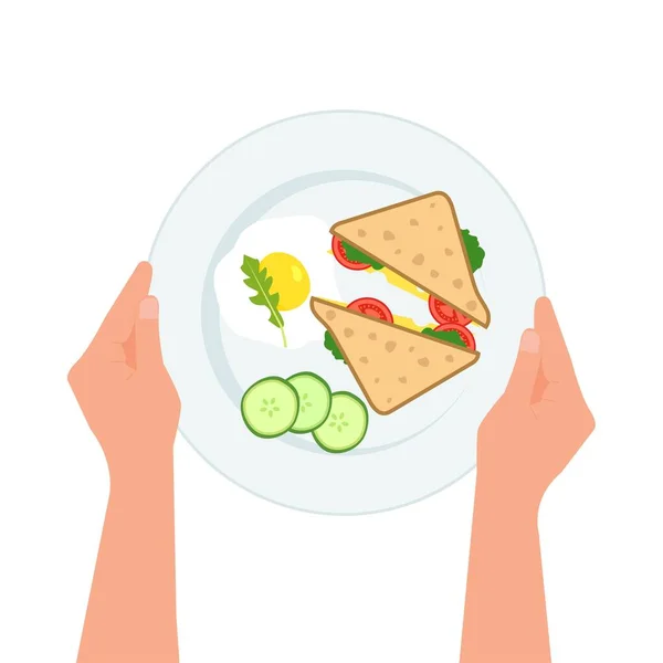 Hands Holding Plate Eggs Sandwich Tomatoes Cucumbers Arugula Plate Breakfast — Διανυσματικό Αρχείο