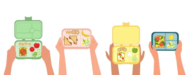Hands Holding Lunch Boxes Healthy Meal Kids Nutrition School Breakfast — Stockvector