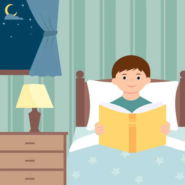 可爱的男孩坐在床上 阅读睡前故事 儿童图书图解 — 图库矢量图片