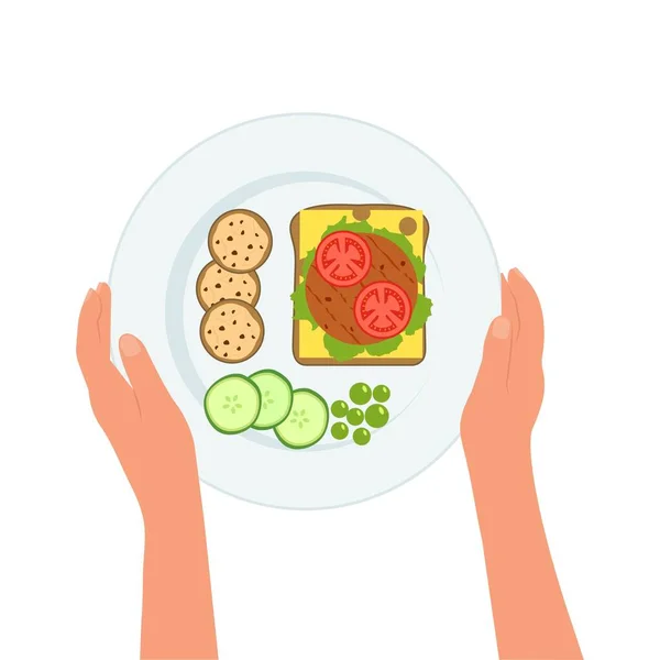 Ontbijt Set Handen Vasthouden Bord Met Eieren Sandwich Tomaten Komkommers — Stockvector