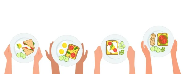 Ontbijt Set Handen Vasthouden Bord Met Eieren Sandwich Tomaten Komkommers — Stockvector