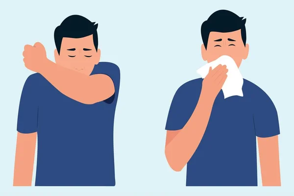 Enfermo Estornuda Codo Pañuelo Cómo Estornudar Bien Alergias Estacionales Prevención — Vector de stock