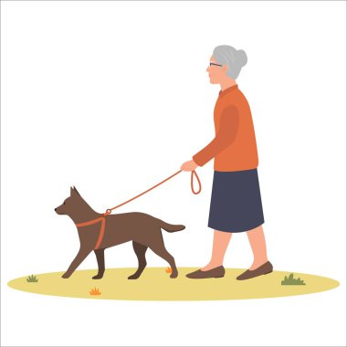 Yaşlı bir kadın, yaşlı bir adam köpekle yürüyor. Köpek sahibi. Sağlık terapisi, temiz hava. Vektör illüstrasyonu