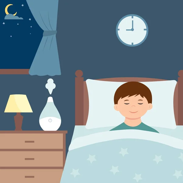Odada Hava Nemlendiricisiyle Uyuyan Sevimli Çocuk Hava Temizleyici Için Ekolojik — Stok Vektör