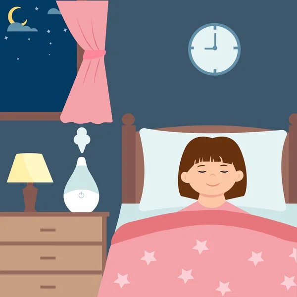 Odada Hava Nemlendiricisiyle Uyuyan Tatlı Kız Hava Temizleyici Için Ekolojik — Stok Vektör