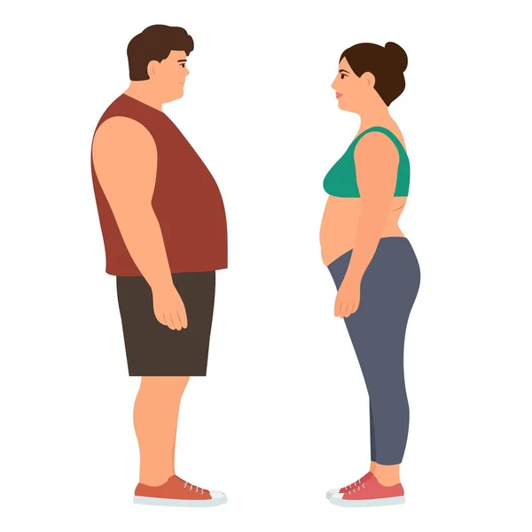 Hombre Mujer Perfil Con Sobrepeso Problemas Exceso Peso Concepto Malos — Vector de stock