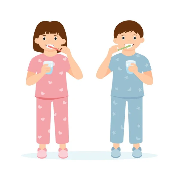 Pijamalı Çocuklar Yatmadan Önce Diş Macunuyla Dişlerini Fırçalıyorlar Elinde Diş — Stok Vektör