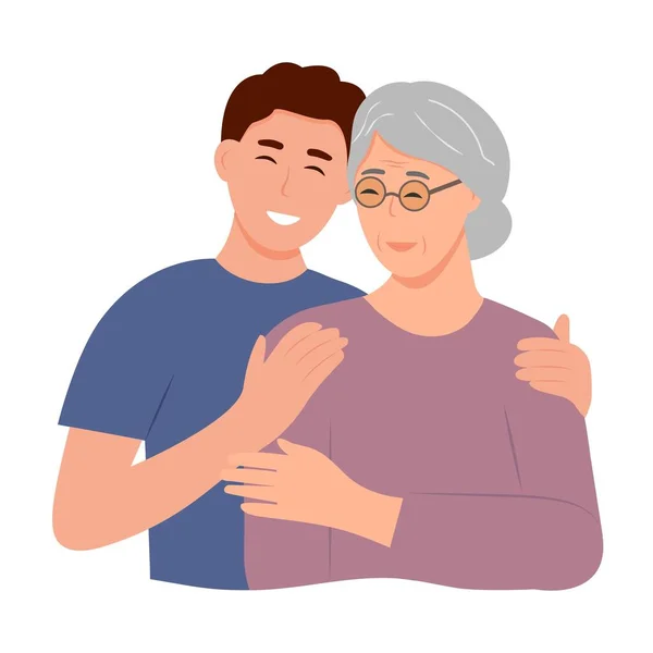 Joven Feliz Abrazando Vieja Madre Con Amor Madre Hijo Día — Vector de stock