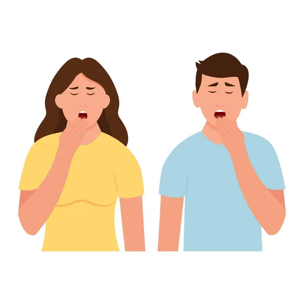 手で口を覆う男と女 開いた口を持つ眠そうな人 低エネルギー ベクターイラスト — ストックベクタ