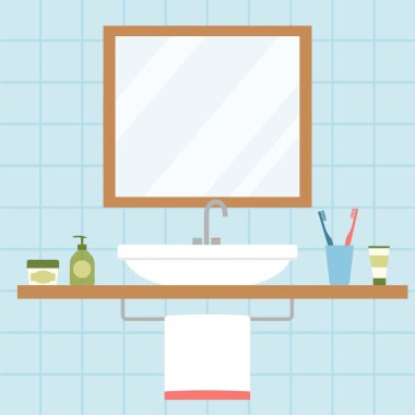 Banyo içi büyük ayna ve lavaboyla dolu. Banyodaki rafta krem, sabun, diş macunu, diş fırçası, havlu düz vektör çizimi.
