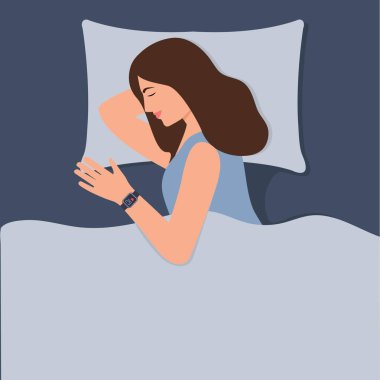Uyuyan genç kadın kaliteyi ve uyku miktarını kontrol eder. Bir kız elinde akıllı bir saatle uyur. Gece uykusu, rahatlama konsepti. Düz biçimli vektör illüstrasyonu