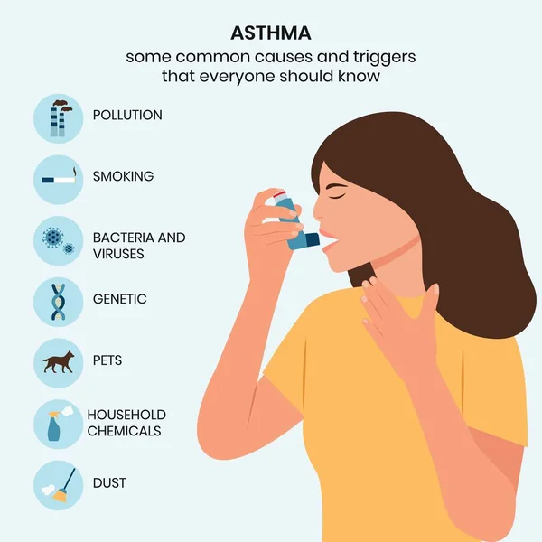 Orsaker Och Utlösare Astma Infographic Kvinnan Använder Astmainhalator Mot Anfall — Stock vektor