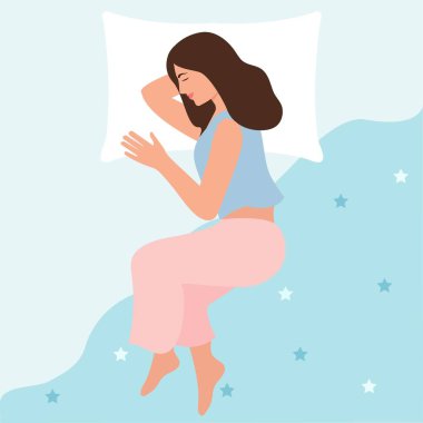 Genç bir kadın uyuyor. Manzara harika. Pijamalı, rahat yataklı bir kız. Uyku pozisyonu. Gece uykusu, rahatlama konsepti. Düz biçimli vektör illüstrasyonu