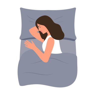 Genç bir kadın uyuyor. Manzara harika. Pijamalı, rahat yataklı bir kız. Uyku pozisyonu. Gece uykusu, rahatlama konsepti. Düz biçimli vektör illüstrasyonu