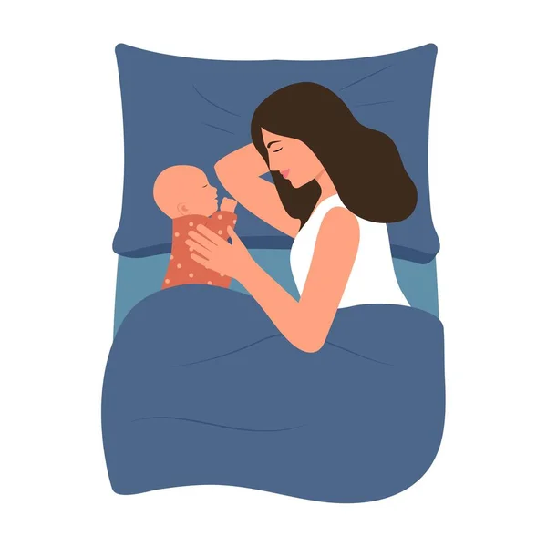 妈妈和新生儿睡在一起 妈妈和婴儿躺在床上 照顾和放松的概念 母亲日和养育子女 矢量说明 — 图库矢量图片