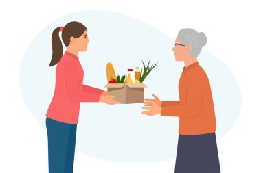 Gönüllüde bir kutu yiyecek var. Yiyecek bağışı konsepti. Fakirlere insani yardım. Sadaka ve bağış. Çizgi film düz vektör çizimi beyaz arkaplanda izole edildi