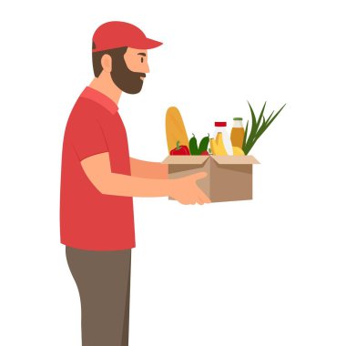 Teslimatçı kırmızı üniformalı, içinde yiyecek olan bir kutu tutuyor. Teslimat malları ekspres servisi. 