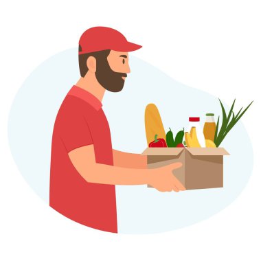 Teslimatçı kırmızı üniformalı, içinde yiyecek olan bir kutu tutuyor. Teslimat malları ekspres servisi. 