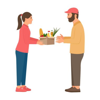 Gönüllüde bir kutu yiyecek var. Yiyecek bağışı konsepti. Fakirlere insani yardım. Sadaka ve bağış. Çizgi film düz vektör çizimi beyaz arkaplanda izole edildi