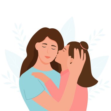 Anne kızına sarılıyor. Anne çocuğu kucağına alır. Ebeveyn sevgi ve ilgi gösterir. Vektör illüstrasyonu