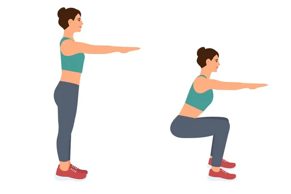 Woman Doing Sport Exercise Physical Training Right Squats Correct Posture — ストックベクタ