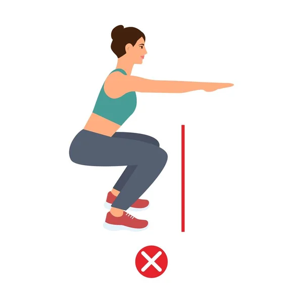 Woman Doing Sport Exercise Physical Training Wrong Squats Incorrect Posture — Stock Vector