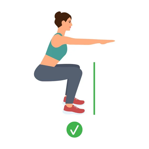 Woman Doing Sport Exercise Physical Training Right Squats Correct Posture — Vector de stock