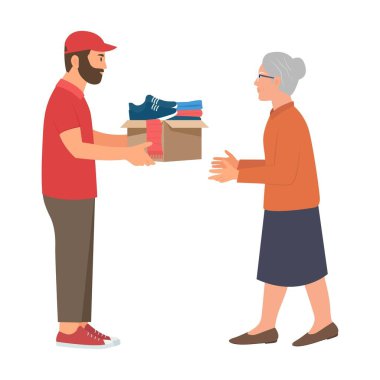 Gönüllüde bir kutu dolusu giysi ve aksesuar var. Kıyafet bağışı konsepti. Fakirlere insani yardım. Sadaka ve bağış. Çizgi film düz vektör çizimi beyaz arkaplanda izole edildi