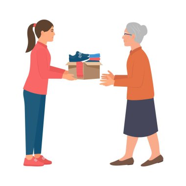 Gönüllüde bir kutu dolusu giysi ve aksesuar var. Kıyafet bağışı konsepti. Fakirlere insani yardım. Sadaka ve bağış. Çizgi film düz vektör çizimi beyaz arkaplanda izole edildi