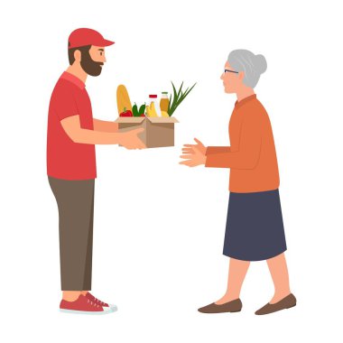 Gönüllüde bir kutu yiyecek var. Yiyecek bağışı konsepti. Fakirlere insani yardım. Sadaka ve bağış. Çizgi film düz vektör çizimi beyaz arkaplanda izole edildi