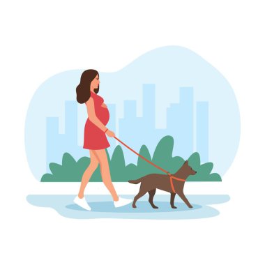 Hamile kadın köpeğiyle yürüyor. Sağlıklı alışkanlıklar ve sağlıklı yaşam tarzı. Mutlu hamilelikler. Hamile için spor. Düz çizgi film vektör çizimi