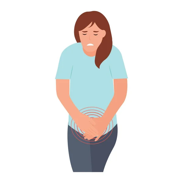 Woman Feeling Severe Pain Lower Abdomen Bladder Disease Pain Menstruation — Vector de stock