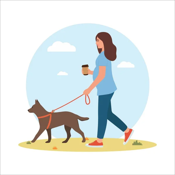 Pregnant Woman Walking Her Dog Healthy Habits Lifestyle Happy Pregnancy — Stock Vector