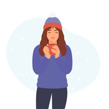 Kışın elinde çay ya da kahve fincanı tutan güzel kız. Kış arkaplanı ve kar. Düz biçimli vektör illüstrasyonu